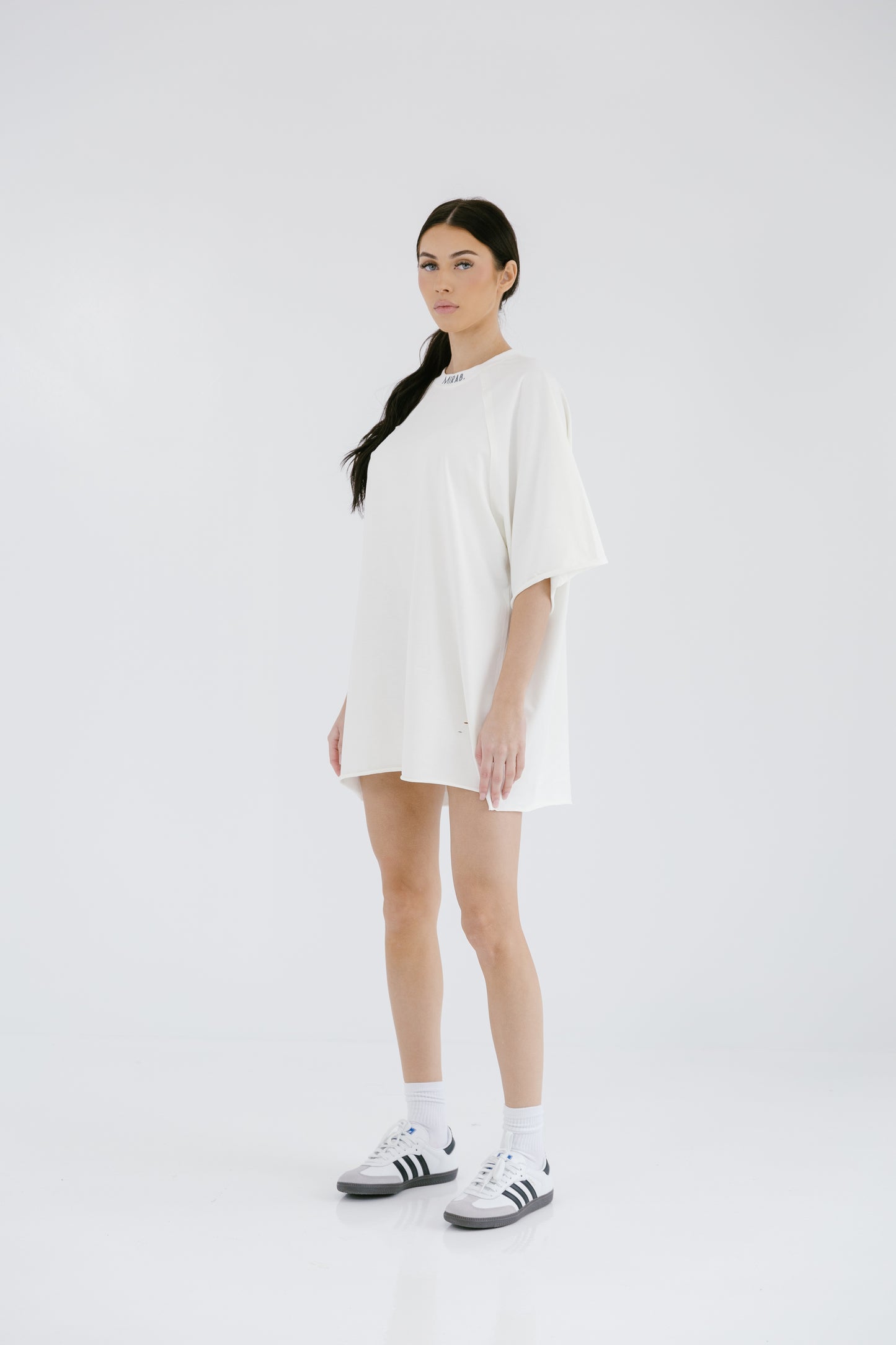 MIRAB. Oversized Unisex Curved Logo Neckline Tee in White