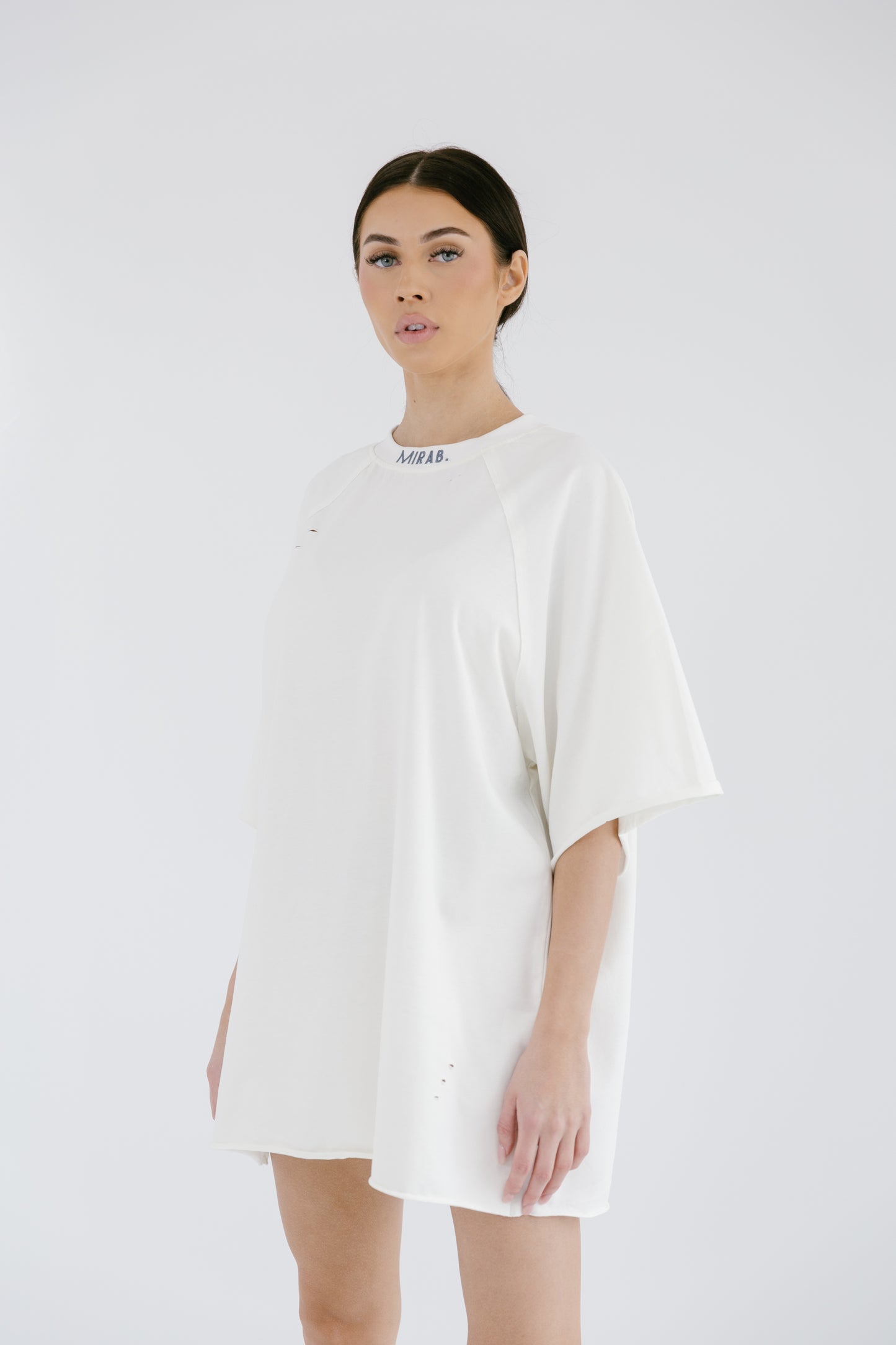 MIRAB. Oversized Unisex Curved Logo Neckline Tee in White