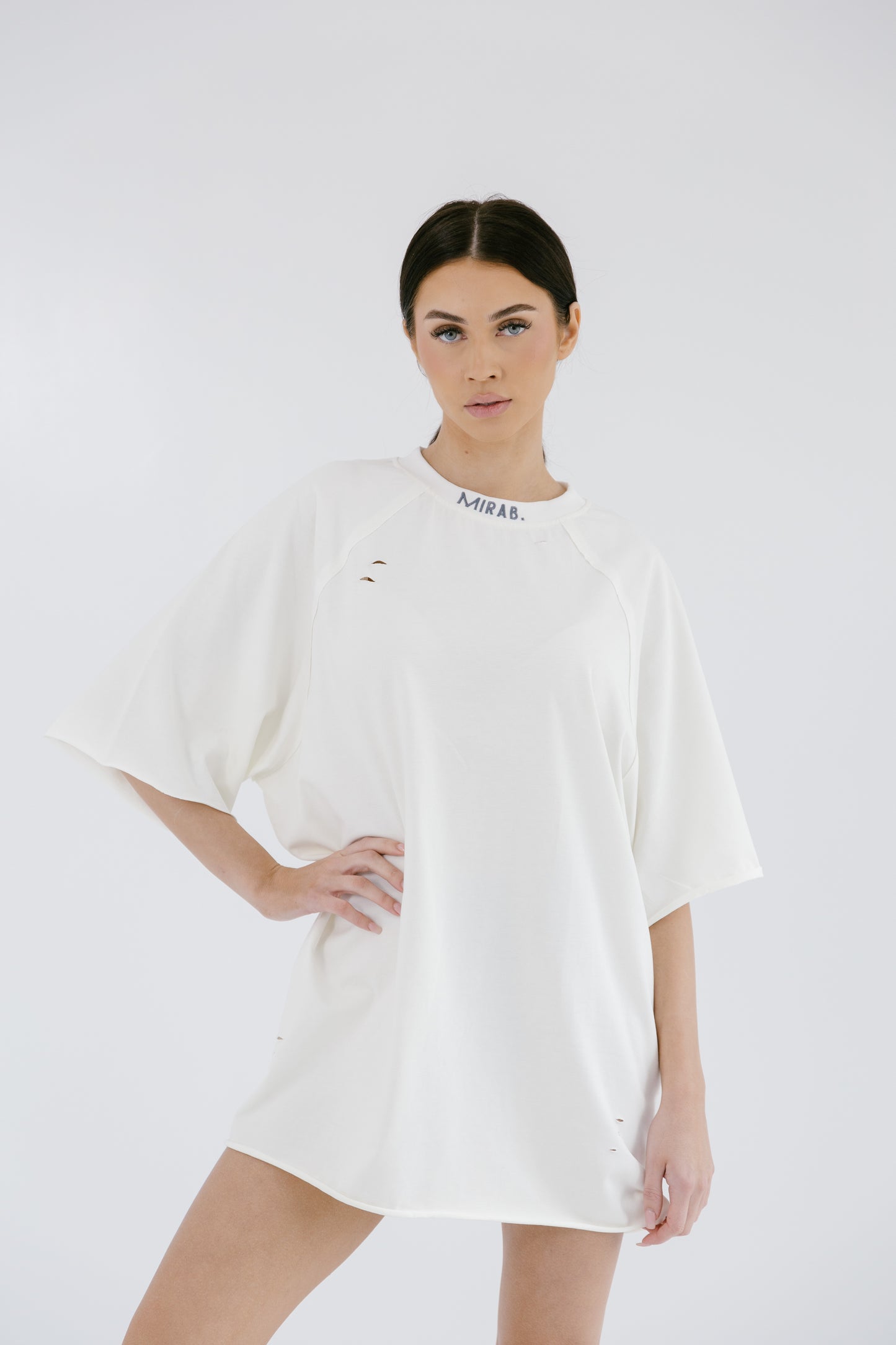 MIRAB. Oversized Unisex Curved Logo Neckline Tee in White