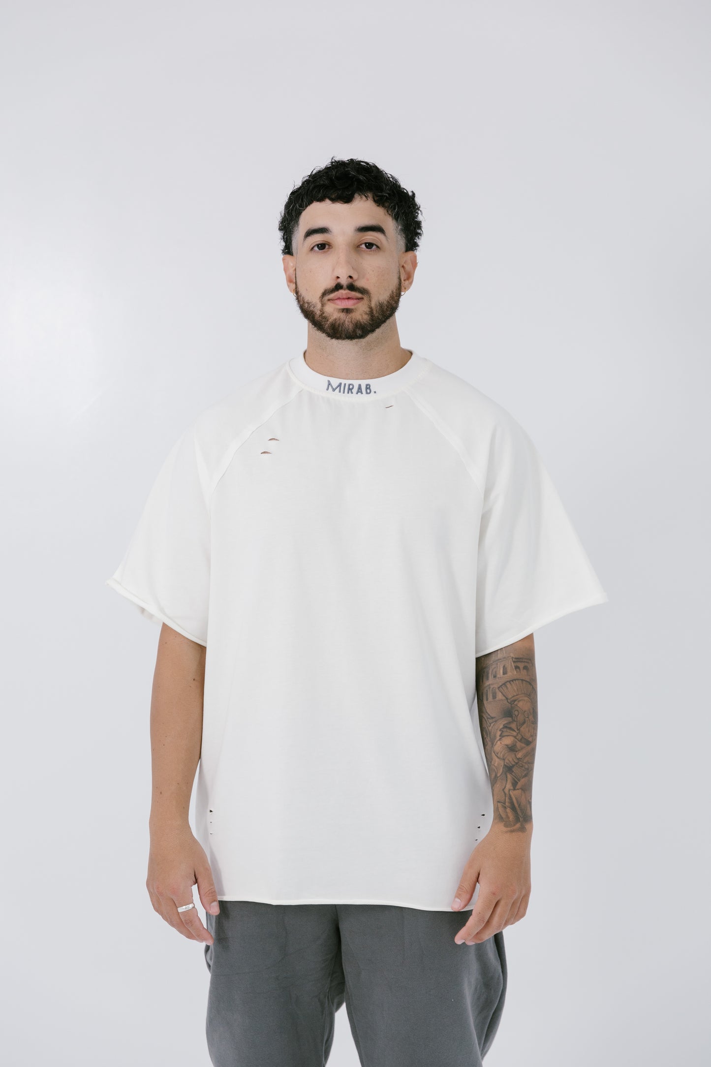 MIRAB. Oversized Unisex Curved Logo Neckline Tee in White