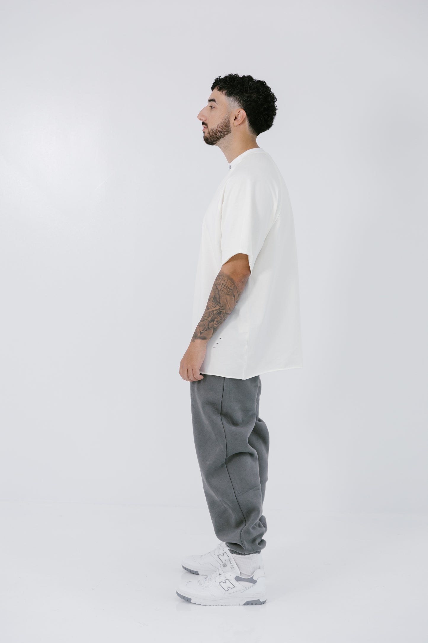 MIRAB. Oversized Unisex Curved Logo Neckline Tee in White