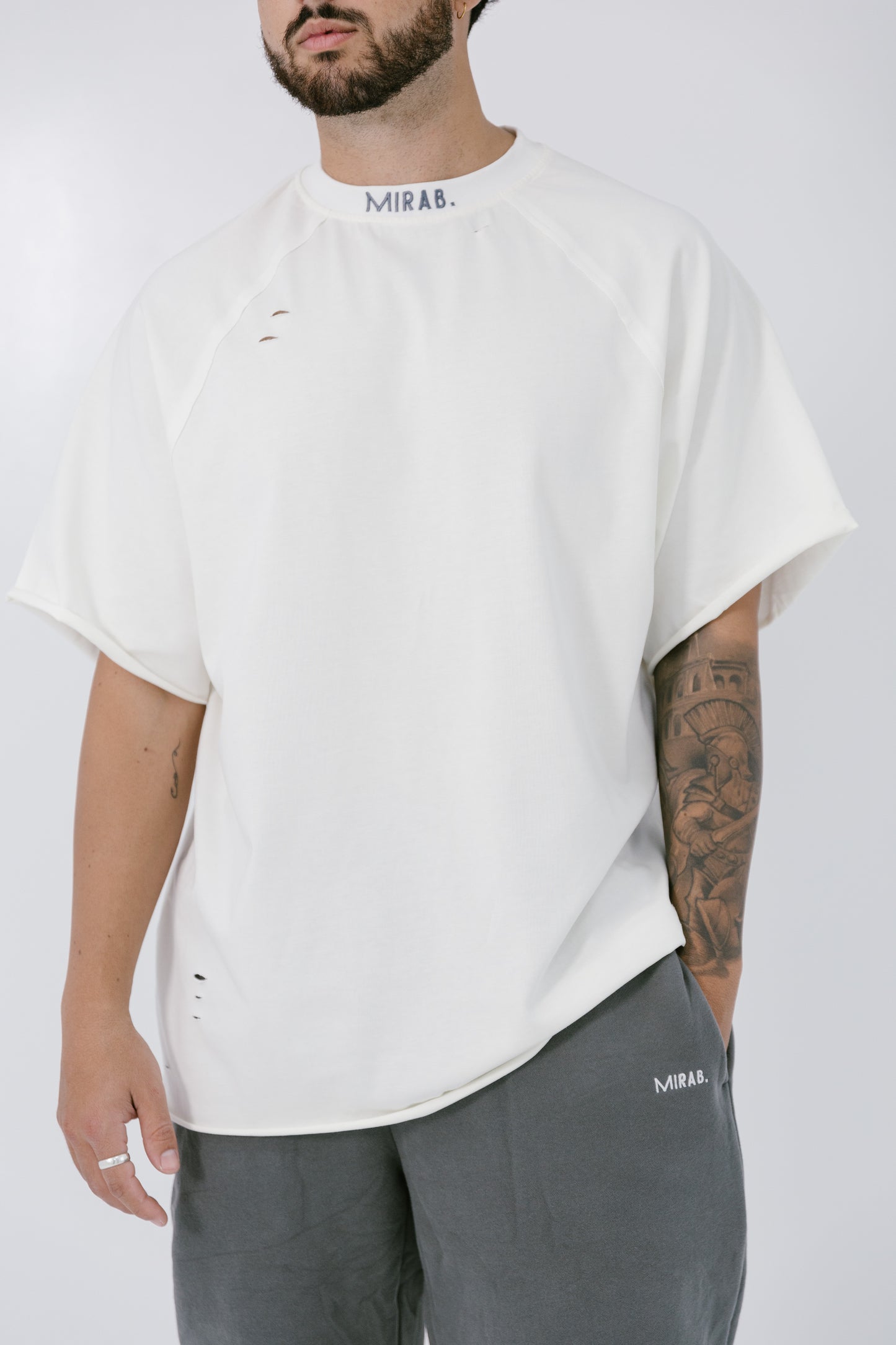 MIRAB. Oversized Unisex Curved Logo Neckline Tee in White